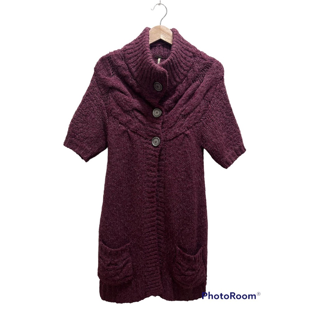 Free People Burgundy Cable Knit Short Sleeve Cardigan Sweater